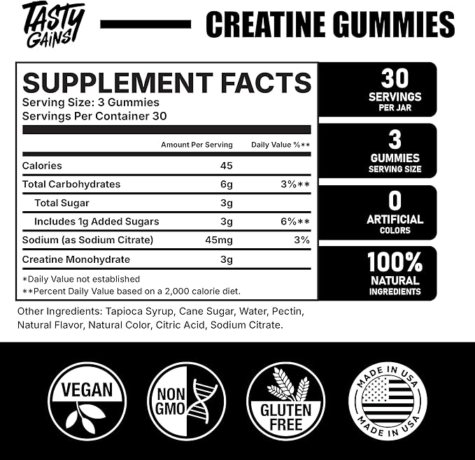Creatine Infused Gummies, 90g of Creatine, Non-GMO, Vegan - Build Muscle & Boost Strength for Men & Women (1g Creatine Monohydrate Per Gummy) Made in USA
