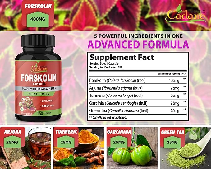 Organic Cadane Forskolin Supplements - 5in1 with Turmeric Curcumin, Arjuna, Garcinia Cambogia, and Green Tea - 5 Month Supply - 150 Capsules