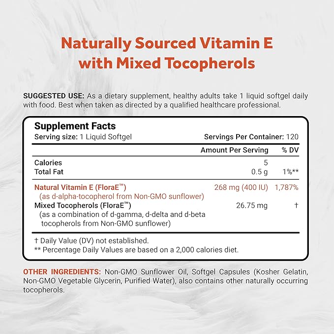 Sunflower Vitamin E 268mg (400 IU) with Mixed Tocopherols | Essential Skin Vitamin & Immune Support | Non-GMO, Soy & Gluten Free | 120 Softgels