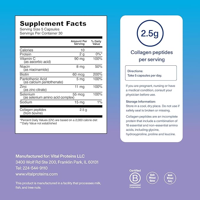 Vital Proteins Collagen Peptides Beauty Edition Capsules, 2.5g of Collagen Per Serving with Biotin and Vitamin C, 30 Servings