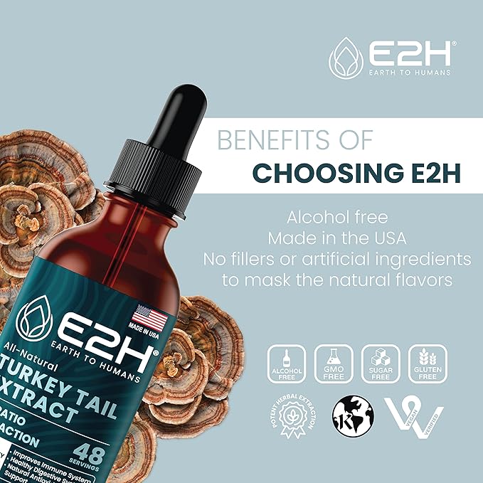 Turkey Tail Mushroom Extract - Faster Absorption Than Turkey Tail Mushroom Capsules or Powder - All-Natural Immune System & Digestive Support- Real Mushrooms Turkey Tail - 2 Fl Oz by E2H