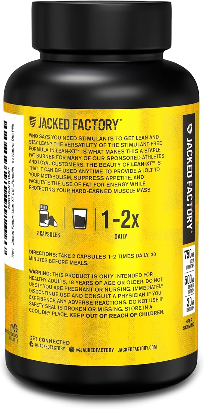 Jacked Factory Lean-XT Caffeine Free Fat Burner - Non Stim Weight Loss Supplement, Appetite Suppressant & Metabolism Booster | Acetyl L-Carnitine, Green Tea Extract, Forskolin - 60 Natural Diet Pills