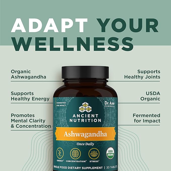 Ancient Nutrition Ashwagandha Tablets, Stress Relief, Supports Energy, Mental Clarity and Concentration, Reduces Fatigue and Anxiousness, Paleo and Keto Friendly, 30 Capsules