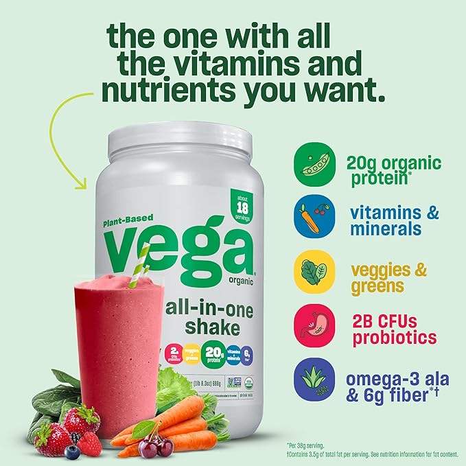 Vega Organic All-in-One Vegan Protein Powder, French Vanilla -Superfood Ingredients, Vitamins for Immunity Support, Keto Friendly, Pea Protein for Women & Men, 1.5 lbs (Pack of 1)