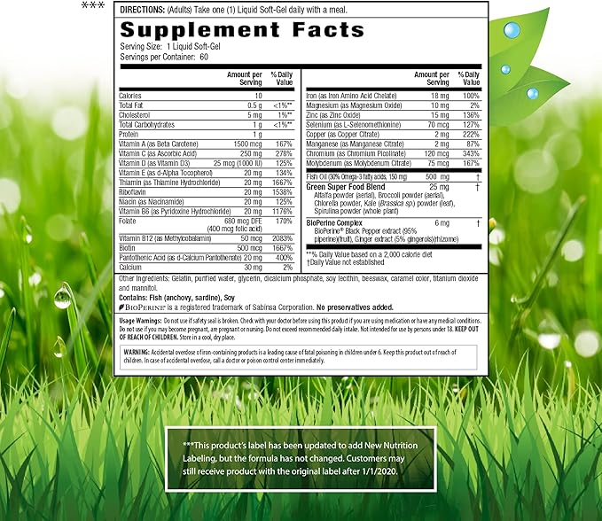 Irwin Naturals Only One Liquid-Gel Multi with Iron - 60 Liquid Soft-Gels, Pack of 2 - Omega-3 Oils, Antioxidants & Green Super Foods - 120 Total Servings