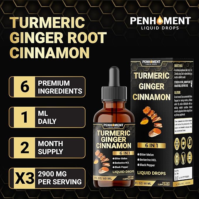 6in1 Liquid Turmeric Curcumin with Ginger, Berberine Extract, Ceylon Cinnamon, Bitter Melon, Black Pepper - Drops Extract - 2FL oz - 60 Servings