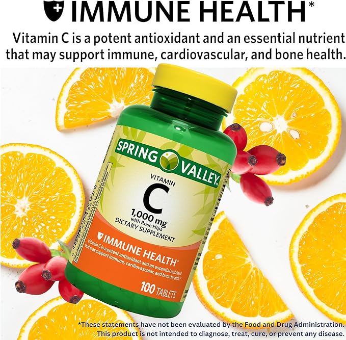 Spring Valley Vitamin C 1000mg with Rose HIPS Tablets Dietary Supplement, Antioxidant Protection, 100 Count (Pack of 1)