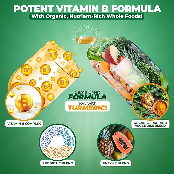 Vitamin B Complex - B Vitamins Whole Food Supplement, B12 Methylcobalamin, B1, B2, B3, B5, B6, B7, B9 - for Stress, Energy and Immune Support, Vegan, 120 Capsules