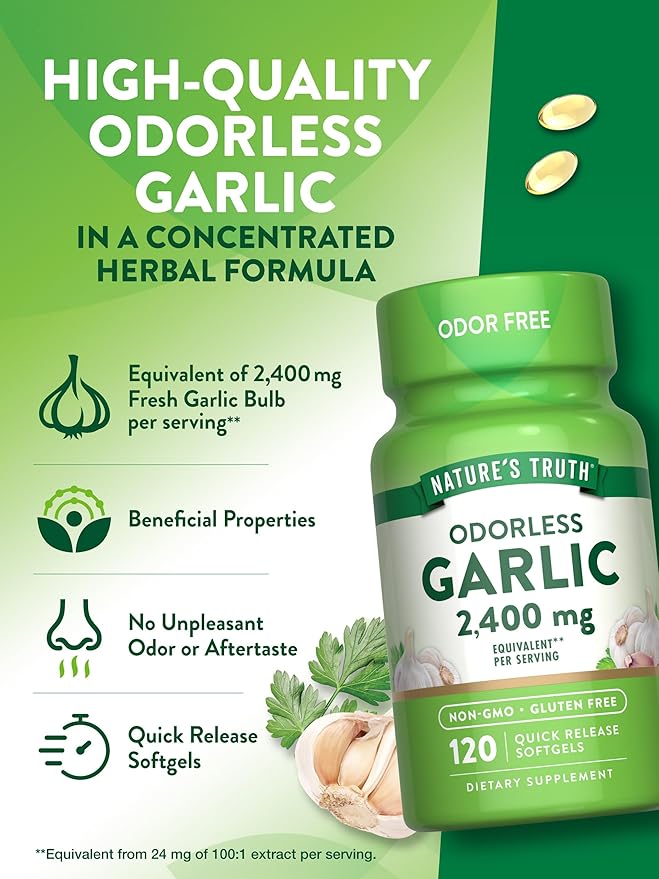 Nature's Truth Odorless Garlic 2400 mg | 120 Softgels | Extract Pills | Non-GMO, Gluten Free Supplement