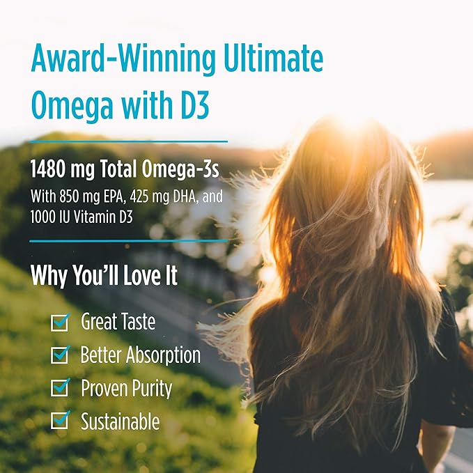 Nordic Naturals Ultimate Omega Xtra, Lemon Flavor - 60 Soft Gels - 1480 mg Omega-3 + 1000 IU Vitamin D3 - EPA & DHA - Brain, Heart, & Immune Health - 30 Servings
