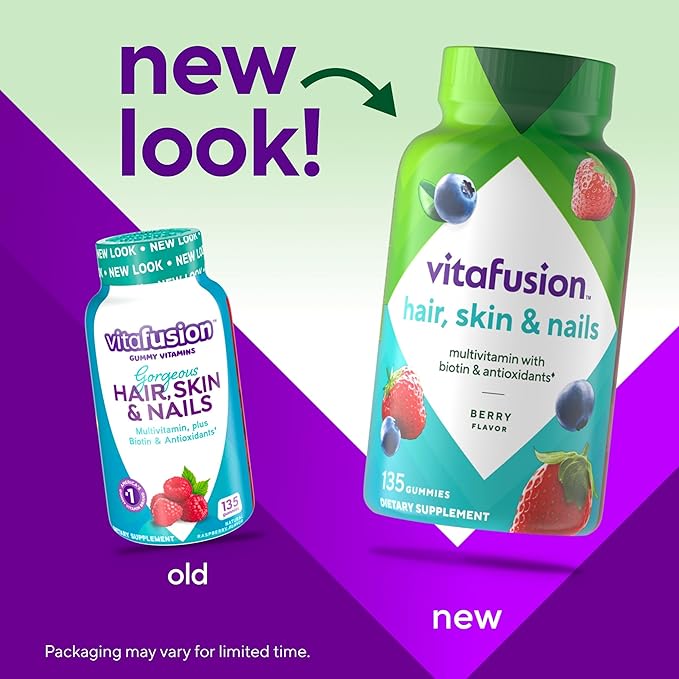Vitafusion Gorgeous Hair, Skin & Nails Multivitamin Gummy Vitamins, plus Biotin and Antioxidant vitamins C&E, Raspberry Flavor, 135ct (45 day supply), from America’s Number One Gummy Vitamin Brand