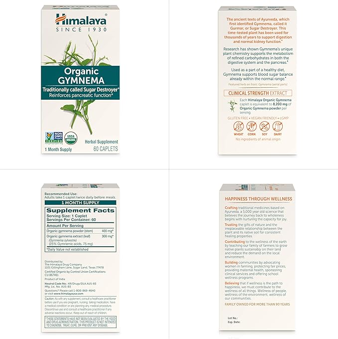 Himalaya Organic Gymnema Sylvestre Herbal Supplement USDA Certified Organic, Non-GMO, 700 mg, 60 Plant-Based Caplets, 2 Pack