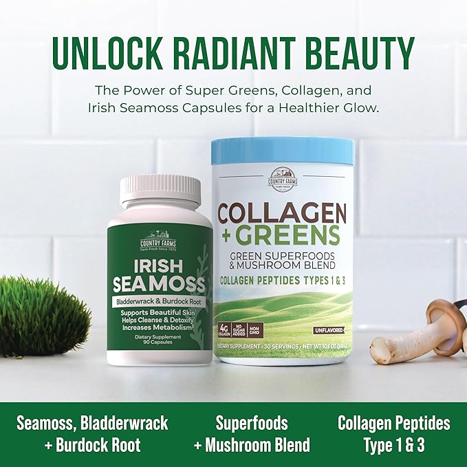 COUNTRY FARMS ‘Beauty Pack Collagen + Greens Irish Sea Moss, Collagen for Skin, Hair Growth, Nails & Joints, Ultimate Beauty Support Gift, Pack of 2