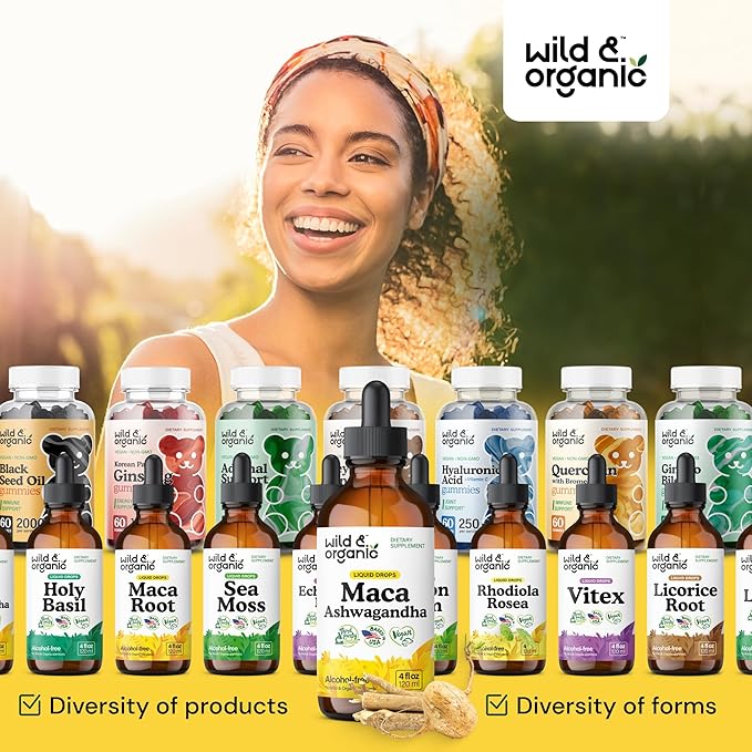 Wild & Organic Maca Root Ashwagandha Drops for Men and Women - Liquid Maca Ashwagandha Supplement for Overall Support - Peruvian Extract Tincture - Vegan, Sugar & Alcohol-Free - 4 fl oz
