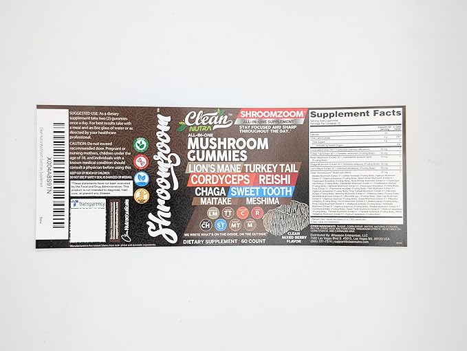 15in1 Mushroom Gummies with Lion's Mane Turkey Tail Cordyceps Reishi Chaga Sweet Toot Maitake Meshima Poria Cocos Shiitake Tremella, Oyster Agaricus Mushrooms for Men and Women Supplement Clean Nutra