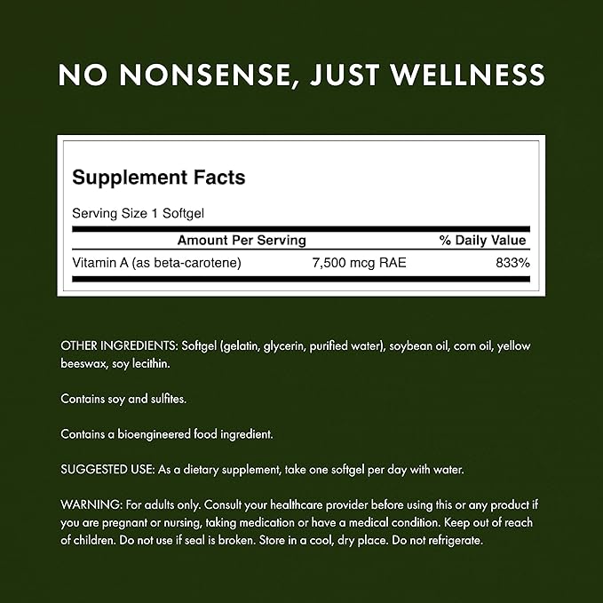 Swanson Beta-Carotene Vitamin A 25000 IU Softgels - Skin, Eye, and Immune System Health - Antioxidant Support - 7500 mcg (300 Softgels)