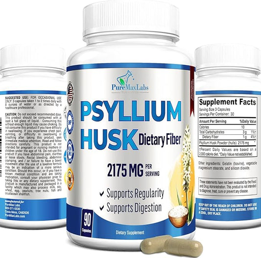 Psyllium Husk Dietary Fiber Supplement 2175mg, Non-GMO, 90 Capsules