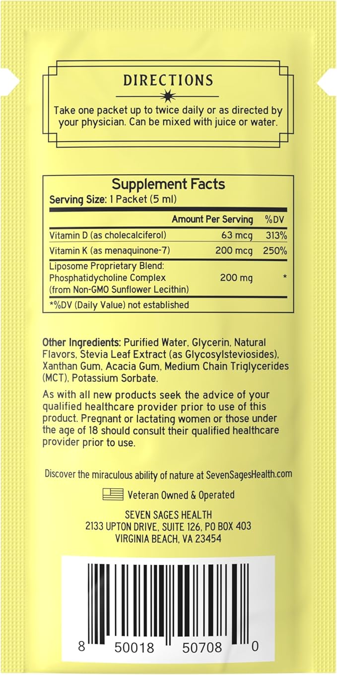 Liposomal Liquid Vitamin D3+K2 - Enhanced Potency + Accelerated Delivery for Maximum Immunity & Energy Boost - 30 Ready to Go Packets 1000mg (150ml) - Made in The USA - Non GMO - Soy Free