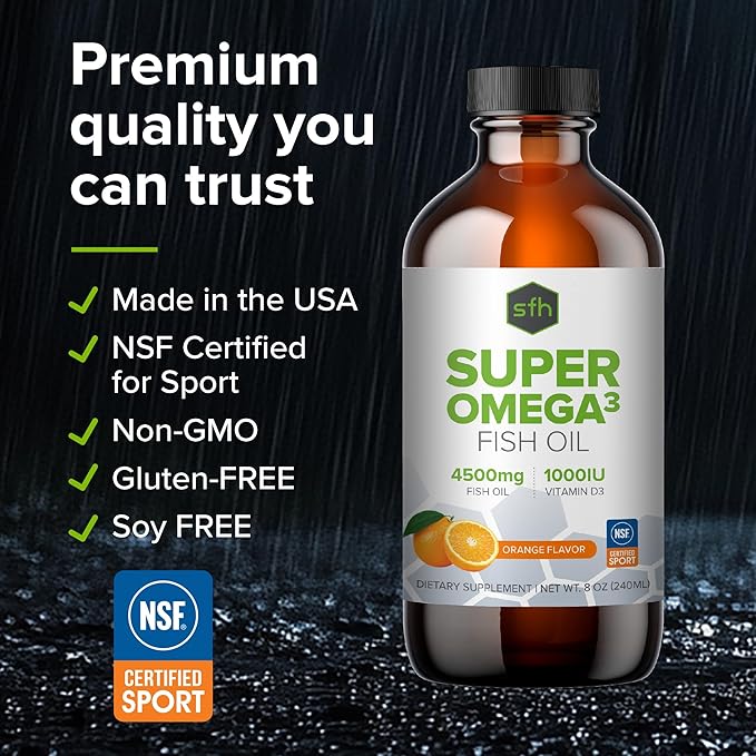 SFH Super Omega 3 Lemon Fish Oil Liquid + Vitamin D | Highly Concentrated 3400mg Omega 3s + 1000IU Vitamin D3 | Sustainably Sourced Alaskan Pollock | Spill-Proof Lids | 8oz