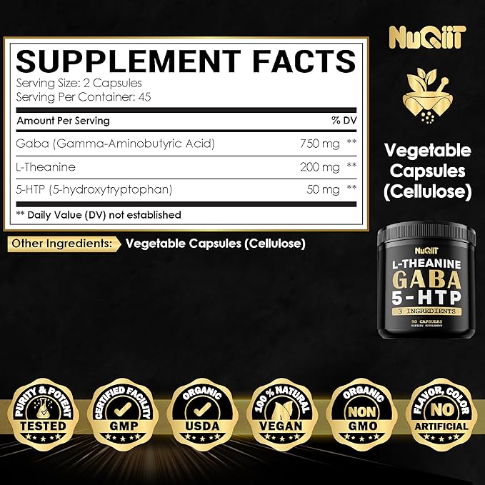 3in1 GABA Supplements 750mg L-Theanine 200mg & 5-HTP (5-hydroxytryptophan) - Equivalent to 1000mg - Support Brain Health, Concentration, Comfortable Mood - 90 Capsules