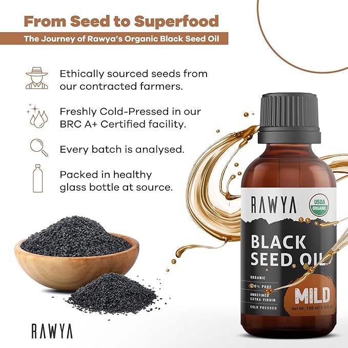 RAWYA Black Seed Oil - Cold Pressed - Black Cumin Seed - Premium Nigella Sativa - Omega 3 6 9 - Kalonji for Skin and Healthy Hair - Non-GMO, Gluten-Free - Wellness Oil - Mild Flavor - 3.4 Fl Oz