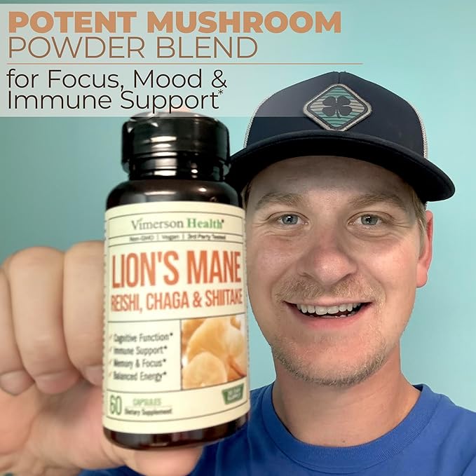 Lions Mane Supplement Capsules - Mushroom Powder Blend with Lions Mane Powder, Turkey Tail, Shiitake Mushrooms & More. Focus & Energy Supplements for Mood & Immune Support. Non-GMO. 60 Vegan Capsules