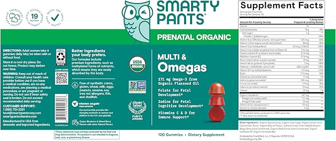 SmartyPants Organic Prenatal Vitamins for Women, Multivitamin Gummies: Biotin, Methylfolate, Omega 3 (ALA), Vitamin D3, C, Vitamin B12, B6, A, K2 & Zinc, Choline, Vegetarian, 120 Count (30 Day Supply)