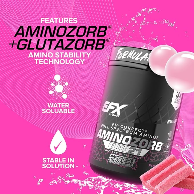 EFX Sports Aminozorb Elite 21 | PH-Correct, Full Spectrum Aminos + Glutamine | Essential & Non Essential Aminos | Zero Sugars | 30 Servings (Pink Bubblegum)