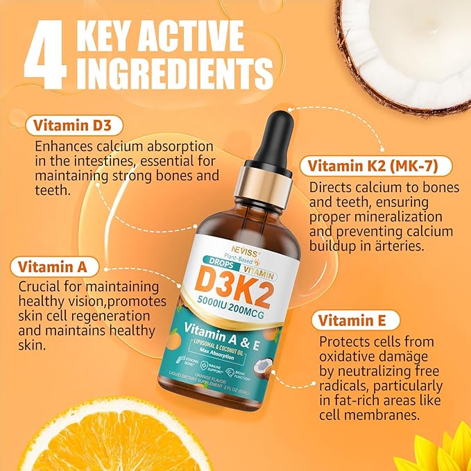 Vitamin D3 5000 IU Liquid Drops - Liposomal Vitamin D3+K2(MK-7) 200 mcg, Vitamin A, E, Coconut Oil, Vegan K2 D3 Vitamin Supplement, Highly Absorbent Supports for Bone, Muscle,Antioxidant,Immune 2 Pack