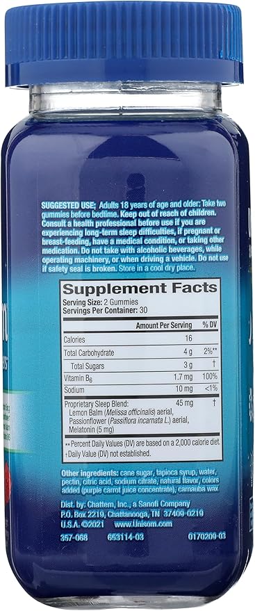 Unisom Simple Slumbers Drug Free Sleep Aid Gummies Melatonin 5mg Midnight Raspberry, Purple, 60 Count