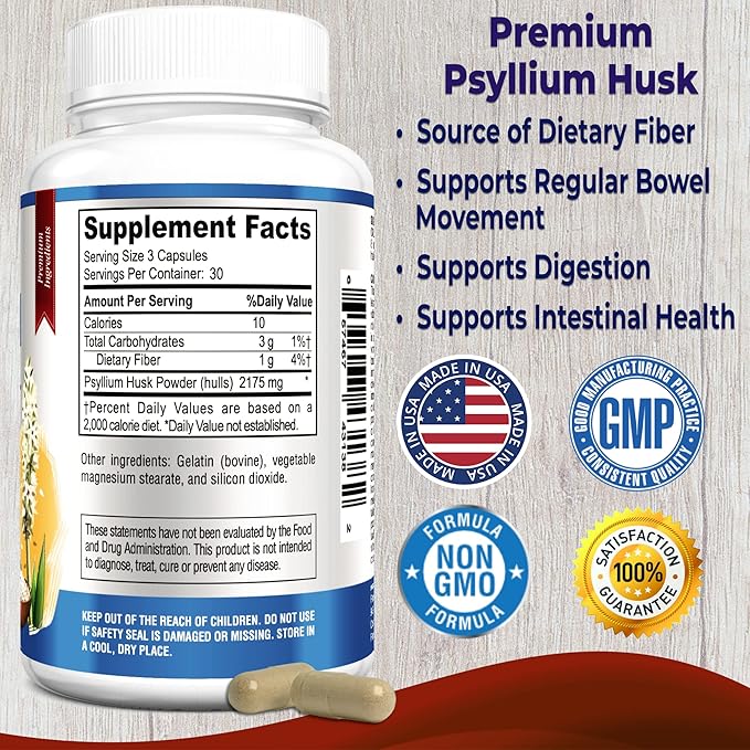 Psyllium Husk Dietary Fiber Supplement 2175mg, Non-GMO, 90 Capsules