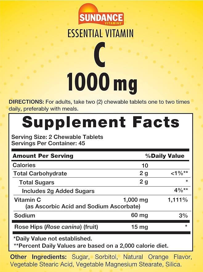 Sundance Chewable Vitamin C 1000mg | 90 Tablets | Natural Orange Flavor | Vegetarian, Non-GMO, and Gluten Free Supplement