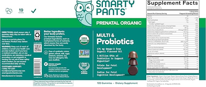 SmartyPants Organic Prenatal Vitamins for Women, Multivitamin Gummies: Probiotics, Biotin, Methylfolate, Omega 3 (ALA), Vitamin D3, C, Vitamin B12, B6, A, K2 & Zinc, Choline, 120 Count (30 Day Supply)