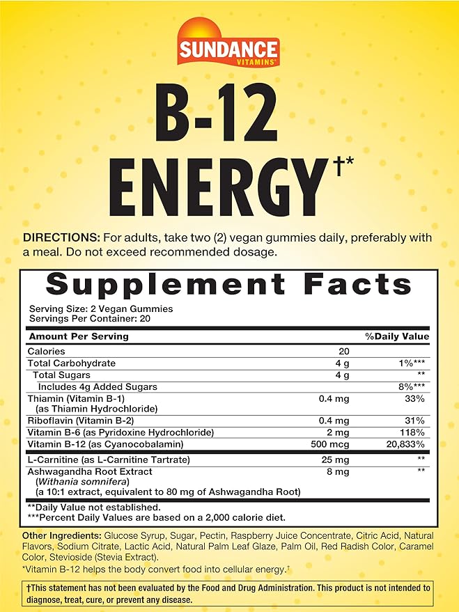 Sundance Vitamin B-12 Energy Gummies | 40 Count | Peach Raspberry Flavor | Vegan, Non-GMO, and Gluten Free Supplement