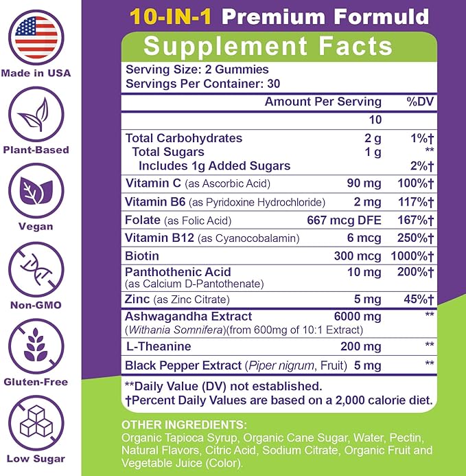 Ashwagandha Gummies - 10 in 1 Organic Ashwaganda Gummies for Women & Men, with L Theanine, Vitamin B6, Black Pepper for Relaxation*, Cognitive, Immune, Zzz, Cortisol, Vegan, Berry Flavor - 60 Count