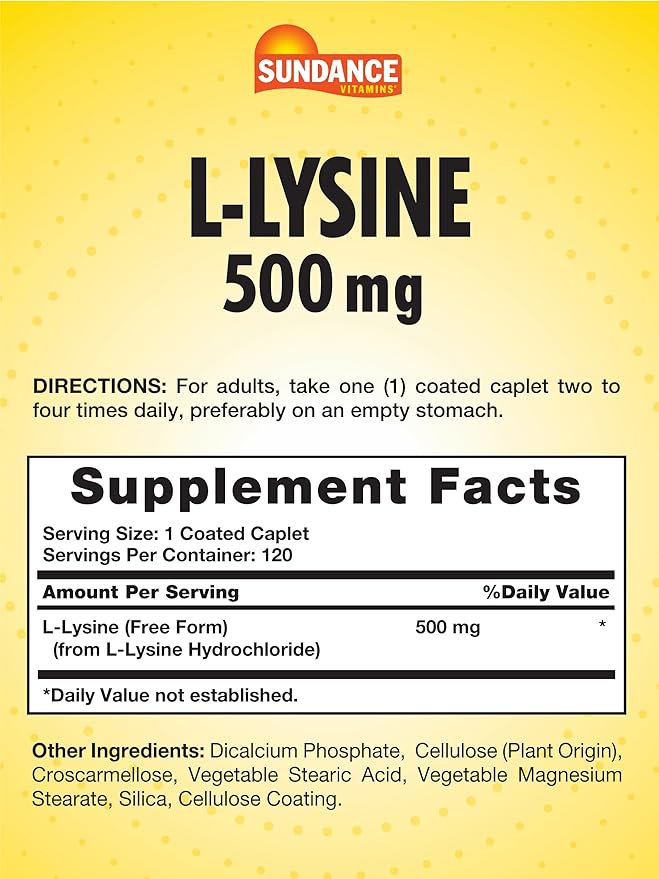 Sundance L-Lysine 500mg | 120 Caplets | Free Form Amino Acid | Vegetarian, Non-GMO, and Gluten Free Supplement