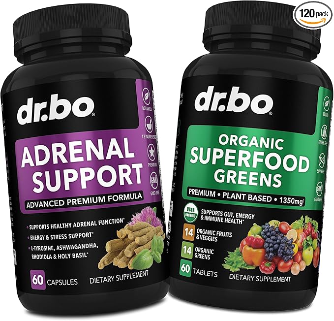 Adrenal Support & Organic Superfood Greens & Fruit Supplements - Daily Energy Super Food Fruits and Veggies Supplement Tablets Plus Vegetable Foods