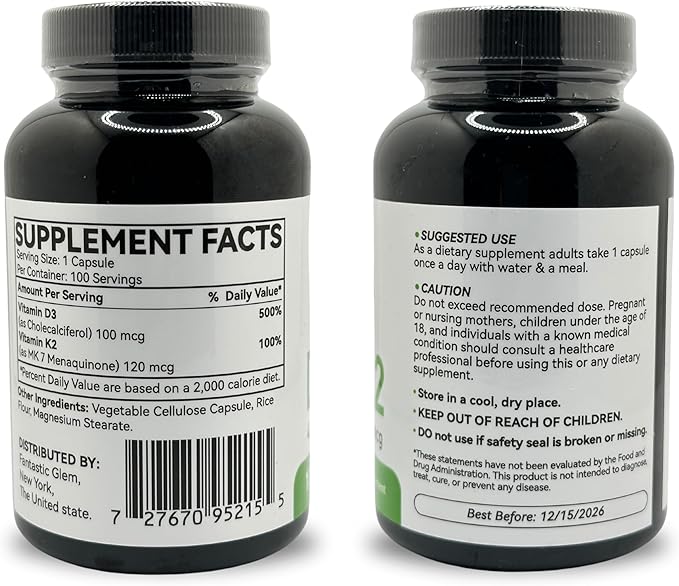 Vitamin D3 K2 Capsules - Dietary Supplement to Support Immune Function, Daily Nutritional Support Formula - GMO, Soy and Gluten Free- 100 Count