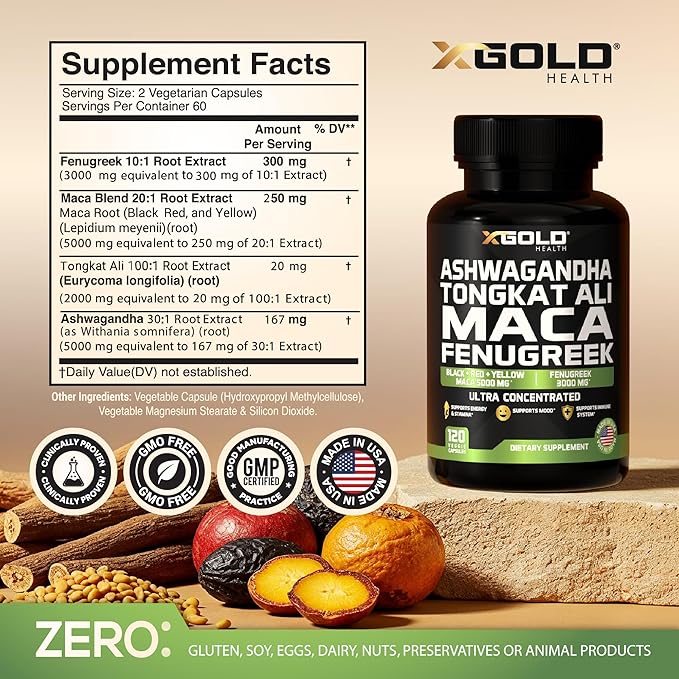 Ashwagandha 5000mg + Tongkat Ali 1000mg + Maca Root 5000mg + Fenugreek 3000mg Supplement | Black + Red + Yellow Maca Root Extract & Fenugreek Herbal Supplements for Men & Women - Made in USA