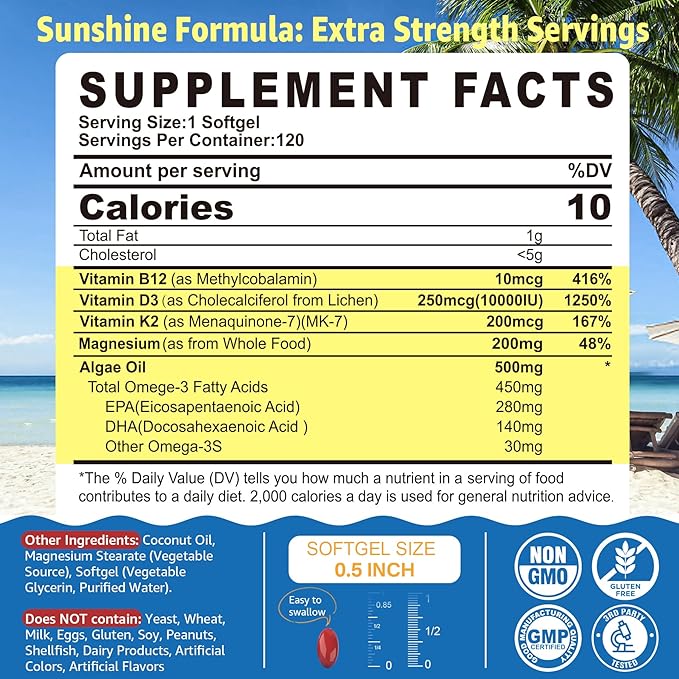 Vitamin D3 K2 -Vitamin D3 10000iu & K2 (Mk-7) 200mcg, Magnesium, Omega 3, Methyl B12, MCT Oil for Optimal Absorption, D3K2 Vitamin & Magnesium Supplement for Bone, Muscle, Immune Health, 240 Softgels