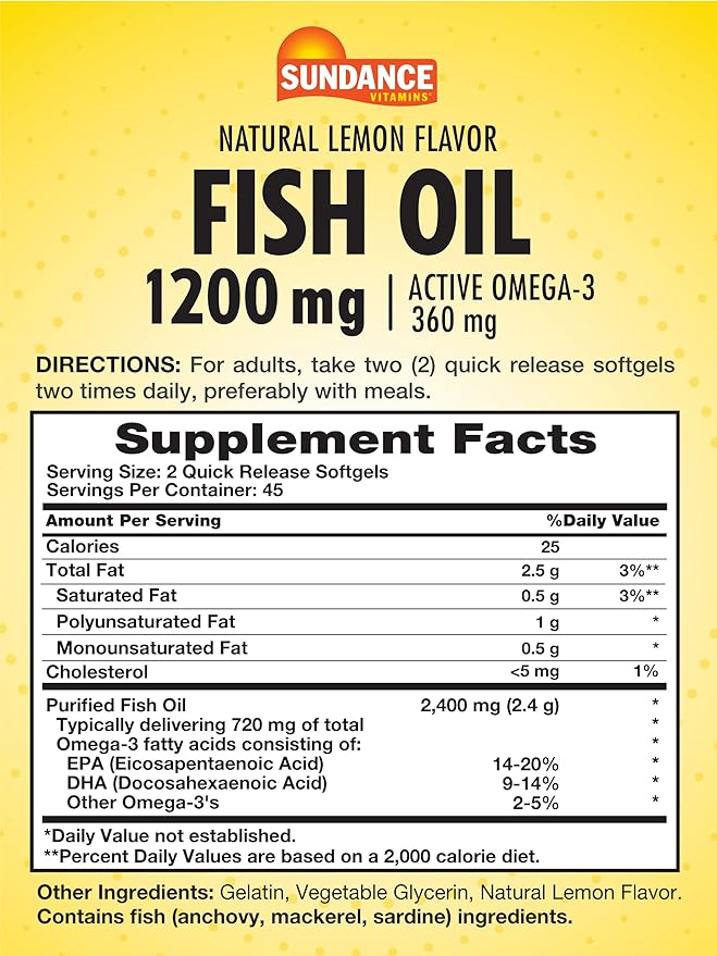 Sundance Fish Oil Softgels 1200mg | 90 Count | with Active Omega-3 | Natural Lemon Flavor | Purified to Eliminate Mercury | Non-GMO and Gluten Free Supplement