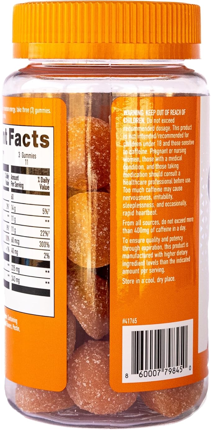 Energy Gummies, 2475mg of Plant-Based Caffeine Chews per Bottle, Long Lasting Energy Boosters, Valencia Orange (33ct)