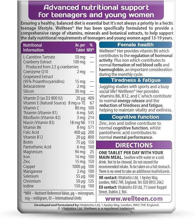 Vitabiotics Wellteen Her - Nutritional Support for Teenagers and Young Women Ages 13-19 - 30 Tablets