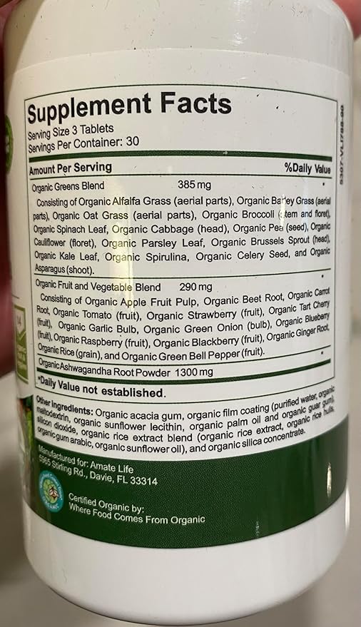 Organic Superfood Greens Fruits and Veggies Complex with Ashwagandha