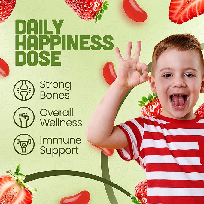 Vitamin D3 Jelly Beans - Chewable Vitamins Gummies for Kids Immune Support - Multivitamin Supplements for Bone & Joint Support - 2,000 IU Vegetarian Gummy - 120 Strawberry Flavor Beans