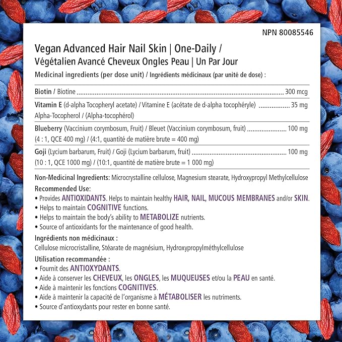 Vegan Advanced Hair Nail Skin One-Daily, 60 Veggie Caps -Antioxidant Enriched. Improve Hair, Improve Skin Health and Nail Health - Plant Based with Biotin & Natural Superfood