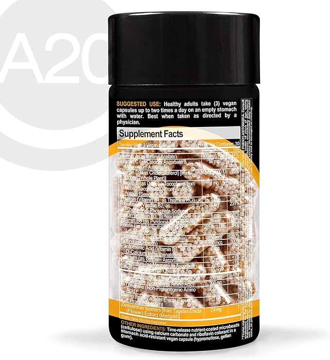 HCF A20 Microbead Brain Health Supplements for Adults for Memory, Focus, Calm, Mood, Alertness, Attention, Vision, Sleep, Immune System, 20 Premium Nootropic Nutrients Multivitamin & 7 Advances® Tech