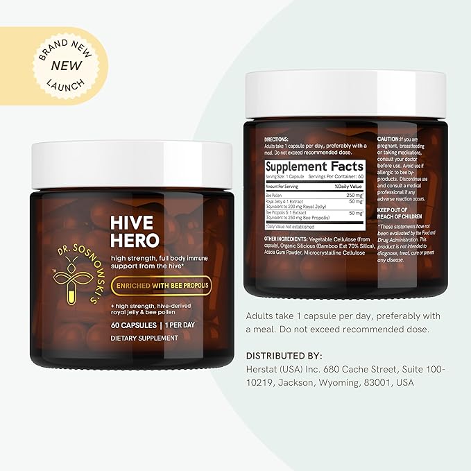 Dr Sosnowski's Hive Hero | Bee Propolis, Royal Jelly, Bee Pollen | Triple Action, Maximum Potency Hive Formula | Vegetable Capsules, 60ct
