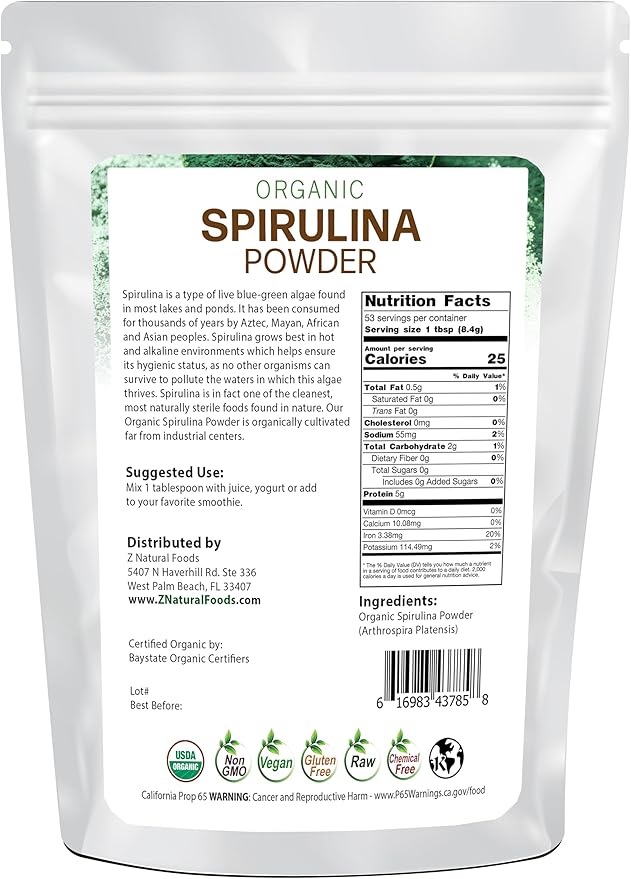 Z Natural Foods Organic Spirulina Powder - 100% Pure Spirulina, Nutrient-Dense Blue-Green Algae Superfood with Amino Acids, 15x Beta-Carotene - Mix in Smoothies, Yogurt, Recipes, 1 lb