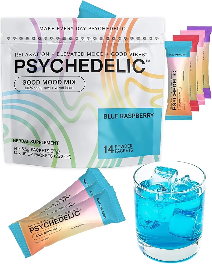 Easy Alcohol Alternative with Buzz - Calming Kava Drink Mix (14x5.5g) Flavored Kava Powder - Calming Drink Powder Packets - Easy Open Single Serving Drinks - 14 Calm Packets - Blue Raspberry